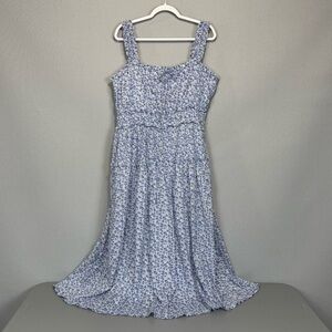 Gap x Doen Dress Women XL Blue Floral Midi Fit & Flare Lined Square Neck Cotton